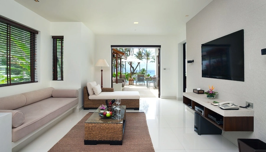 living room of a two bedroom grand pool suite the at the Ratcha resort in Thailand
